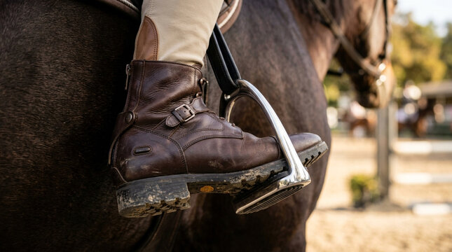 Close up of equestrian's leather boot in stirrup as rider mounts horse