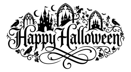 Elegant halloween typography with haunted castle and ravens spooky festive design © Munna