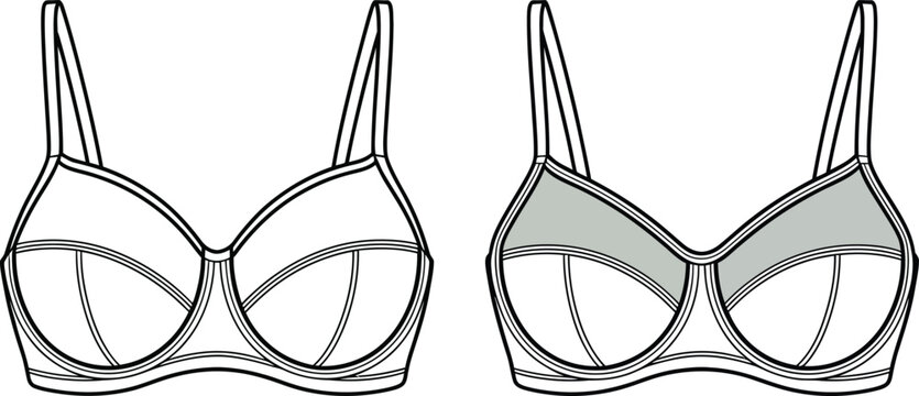 Technical fashion illustration of underwire bra design with cup variations