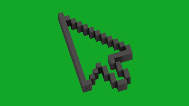 Animated isometric pixel cursor smoothly moving up and down on a green background. Retro mouse pointer motion for UI, UX, web design, software interfaces, gaming, presentations, and technology concept