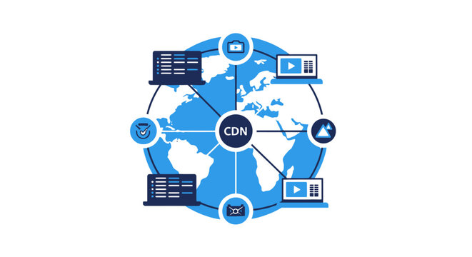 Global Content Delivery Network CDN Concept Illustration with World Map and Connected Media Devices for Web Performance