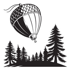 Graphic illustration of an acorn shaped hot air balloon floating above a pine forest with adventure © Atiq