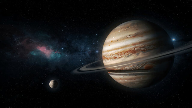 Jupiter planet with rings and a moon in deep space isolated on a transparent background