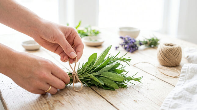 Hands tying bundle of fresh sage and rosemary with natural twine, concept of Harvest festival  