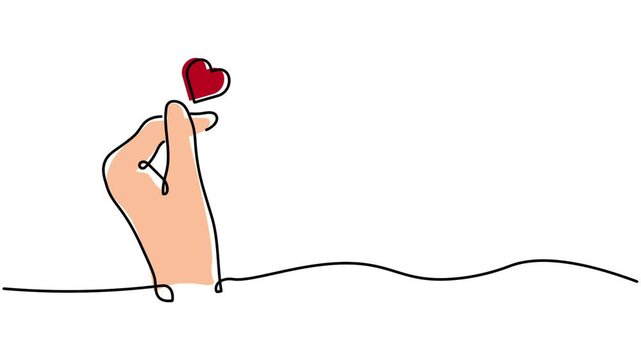 korean finger heart love pose One line continuous drawing animation. animated hand- drawn banner lineart illustration design. isolated sign symbol monoline white background. outline with copyspace 
