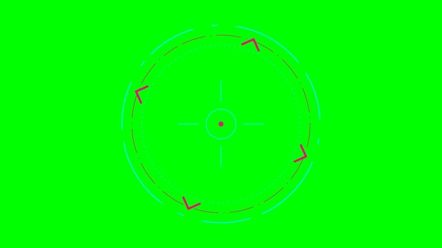 Futuristic digital circular targeting reticle on a bright green background