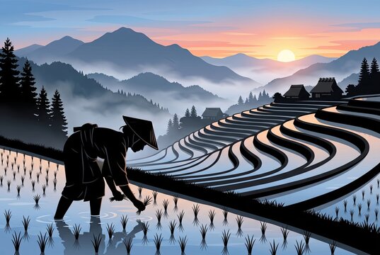 Generated ai A set of vector silhouette images of a Japanese farmer woman working in the rice paddy.