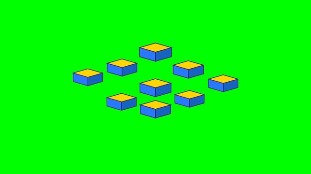 An isometric grid arrangement of nine blue and yellow boxes on a green screen