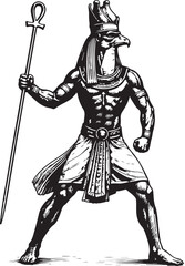 Fototapeta premium Egyptian god horus with falcon head holding staff black and white.