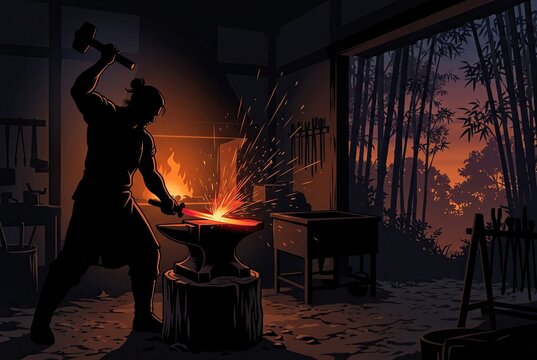 Generated ai Master Swordsmith Crafts Glowing Katana Blade In Traditional Forge At Dusk