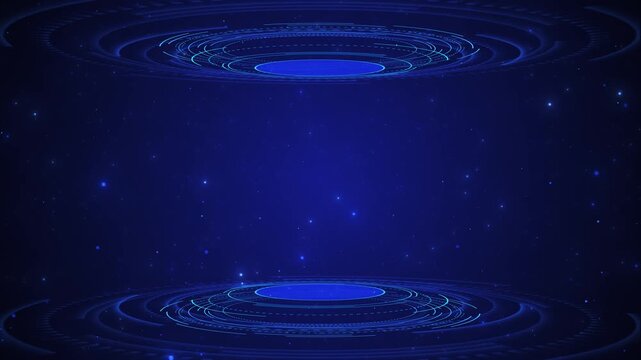 Blue sci fi portal circular platforms, futuristic HUD rings, star particles, deep cosmic space. technology intros, virtual reality , gaming screens, cyber , software promos, cinematic overlays.