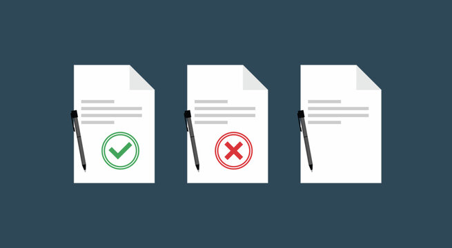 Three documents stand side by side. Each holds a pen and a symbol. Green check marks signal approval. Red crosses denote rejection. Ideal for decision-making visuals. Suitable for business, education