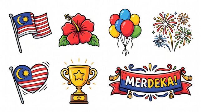 Malaysian Merdeka stickers set including flag, flower, and fireworks.