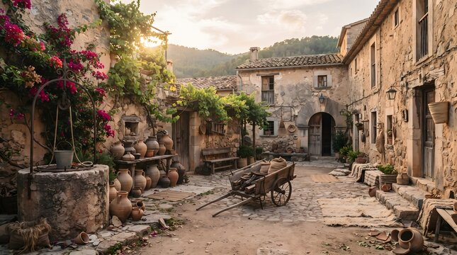 Historic Mediterranean Village Courtyard with Clay Pots and Cart