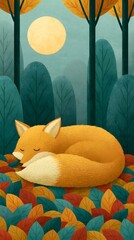Fototapeta premium Autumn forest at night with sleeping fox under full moon
