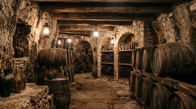 Antique Stone Wine Cellar Interior with Oak Barrels and Aged Bottles