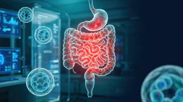 Microscopic parasites infecting human digestive system, dangerous pathogens in gut causing illness.