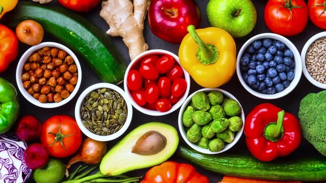 4K top view of fresh organic vegetables, seeds, and berries arranged on dark background
