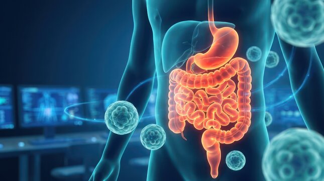 Human body anatomy with digestive system and harmful microorganisms, medical visualization.
