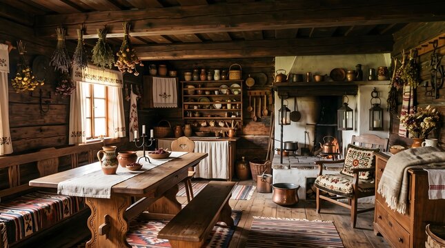 Rustic Traditional Country Cottage Kitchen with Antique Wooden Furniture