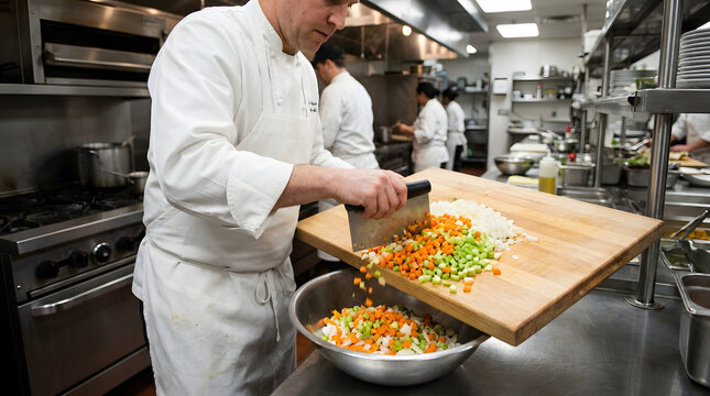 A professional chef slicing and scraping freshly diced vegetables into a stainless steel bowl on a kitchen countertop