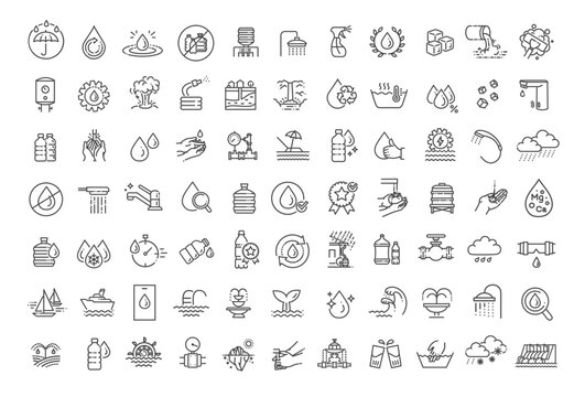Water line icons set. Linear icon collection