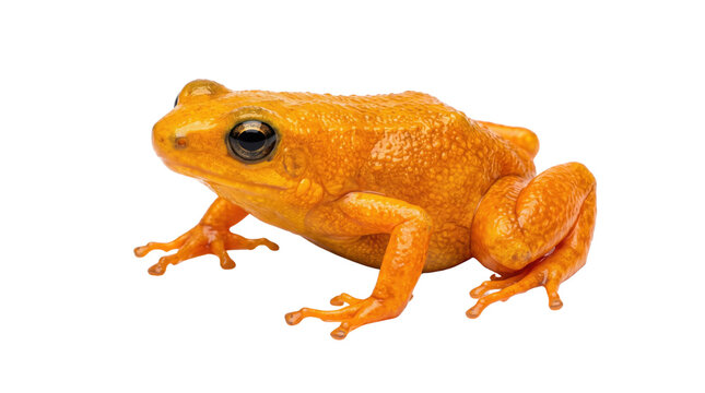 Golden poison frog on white background, vibrant orange mantella frog studio portrait, exotic tropical amphibian isolated for biology research