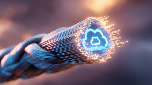 macro shot of fiber optic cables glowing in blue and cyan tones. A cloud computing icon in luminous blue glows at the end of the data stream. Soft sunlight flares from top-left. Blurred bokeh 