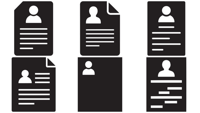 Black profile document icons with user avatar silhouettes and text lines for resume identity contact form design