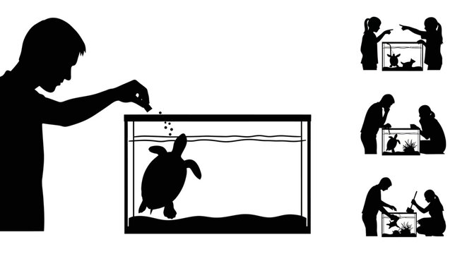 Silhouette Illustrations of People Interacting with a Pet Turtle in a Glass Aquarium