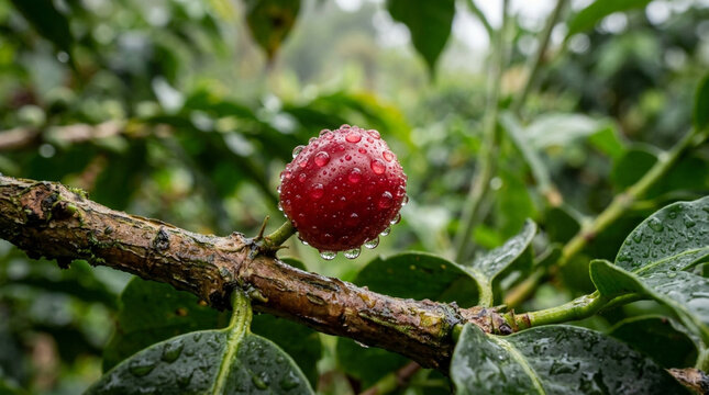 Close-up of a ripe red coffee cherry with water droplets on a branch