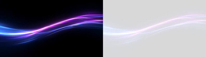Abstract glowing neon light wave. Blue and purple luminous flowing lines on black and transparent background. Futuristic energy concept © Pro_Light