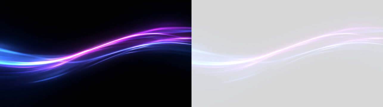 Abstract glowing neon light wave. Blue and purple luminous flowing lines on black and transparent background. Futuristic energy concept