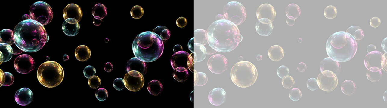 Floating soap bubbles with rainbow reflections. Transparent spheres on black and checkered background. Decorative overlay