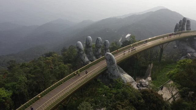 B&agrave; N&agrave; Hills Resort Aerial View: Golden Bridge, Giant Buddha Statue, French Village & Panoramic Da Nang Cityscape, Vietnam