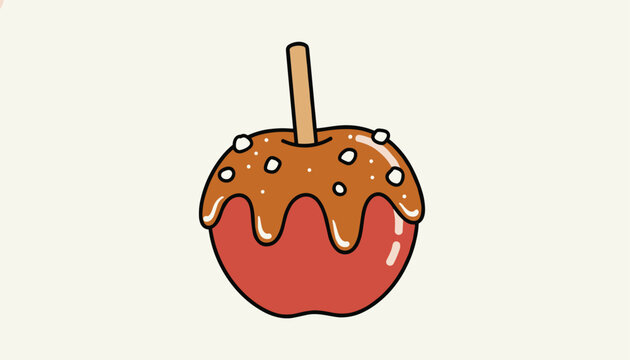 Red candy apple covered in dripping caramel sauce and white sprinkles on a stick over a cream background.