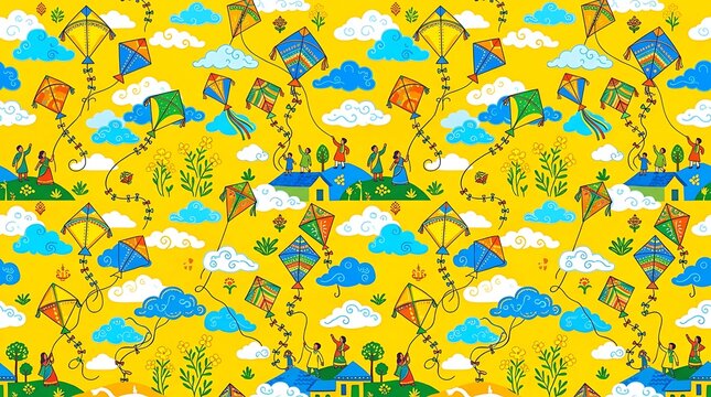 Folk art pattern of people flying colorful kites in a yellow sky