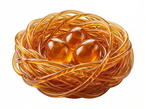 Three translucent ambercolored eggs resting in a delicate nest made of golden strands