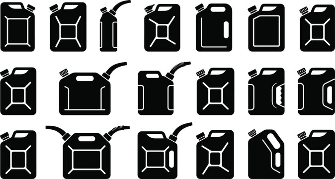 Jerry can silhouettes for gas and fuel storage, metal and plastic canisters with spouts, industrial petrol container flat graphic icons, liquid storage equipment