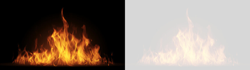 Fototapeta premium Realistic fire flames on black and transparent background. Orange burning bonfire element for graphic design. Special effects overlay asset
