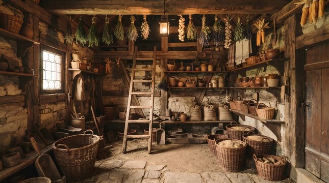 Rustic Medieval Pantry with Dried Herbs and Vintage Storage Baskets Interior