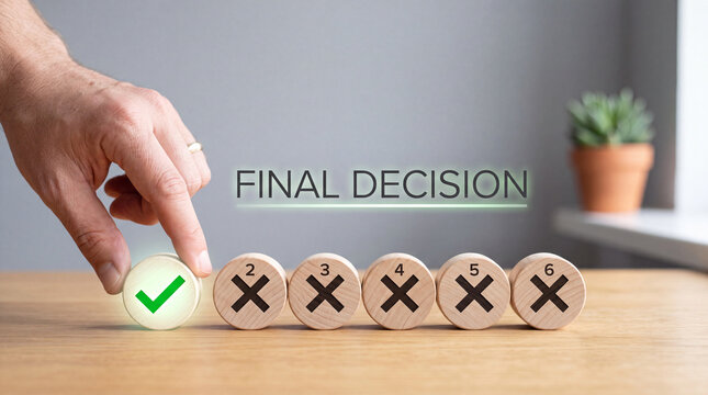 Hand selecting wooden block with green checkmark for final decision representing business approval and correct choice. Final decision concept.
