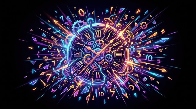 Exploding clock with glowing fragments. Abstract time concept with neon digital particles.