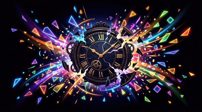 Exploding clock with glowing fragments. Abstract time concept with colorful light shards.