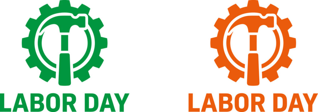 Happy Labor Day Closed Sign Vector Background for posters, flyers, business, company, retail store, social media, and Labor Day icons: hammer and gear, green and orange designs