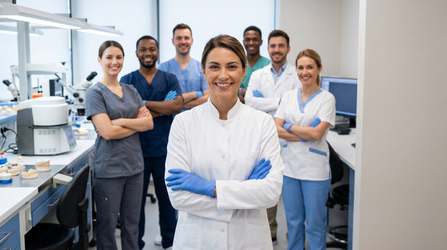 Confident dental laboratory manager leads diverse team of technicians in modern lab, showcasing collaboration, dental technology, precision craftsmanship and professional healthcare with copy space.