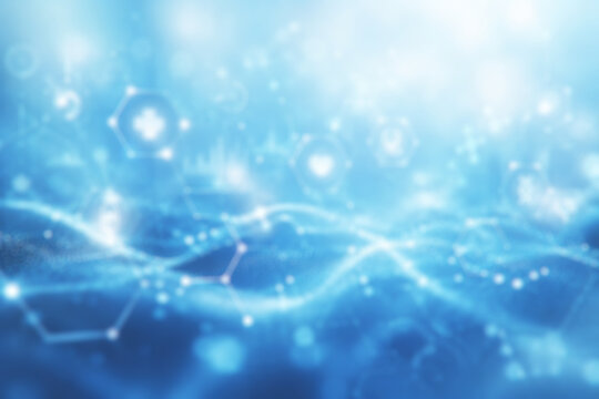 Futuristic medical background with soft blurred hexagonal network nodes, abstract HUD interface elements and flowing data points