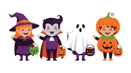 Cute Halloween Costumes for Kids: A witch, a vampire, a ghost, and a pumpkin character, all adorable kids in festive Halloween costumes with candy buckets, ready for trick-or-treating.