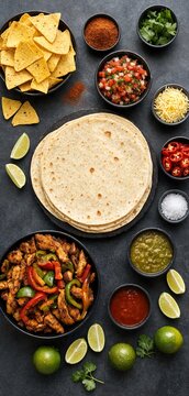 Freshly prepared chicken fajitas served with tortillas chips salsa guacamole lime wedges cilantro cheese and spices on a dark surface