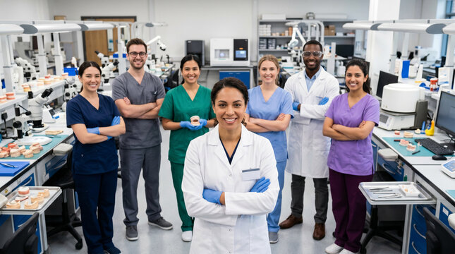 Confident dental laboratory manager leads diverse team of technicians in modern lab, showcasing collaboration, dental technology, precision craftsmanship and professional healthcare with copy space.